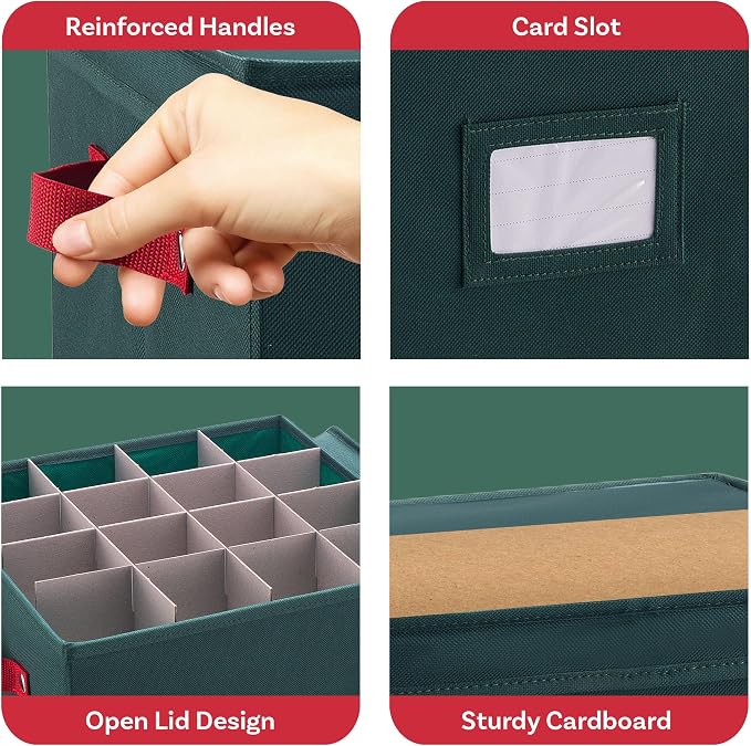 Elf Stor Christmas Ornament Storage Box, Green, 12” x 12” x 12” | Durable Holiday Organizer Cube with 64 Compartment Dividers, Riveted Handles, and Lid