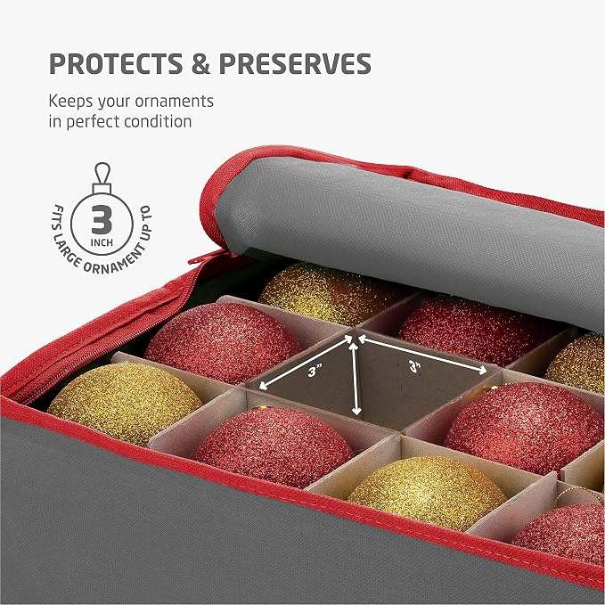 ZOBER Christmas Ornament Storage Box - Stores 64 3" Ornaments, With Dividers - Ornament Organizer Storage Box, Durable Christmas Containers Holder, Dual Zipper - Gray