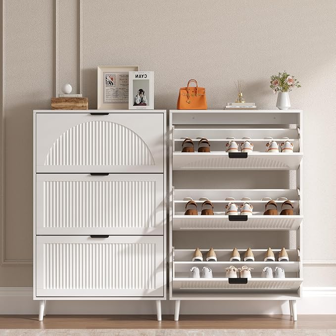 BORNOON Shoe Cabinet for Entryway with 3 Flip Drawers, Slim Wooden Shoe Storage Organizer with Modern Fluted Pannel，Freestanding Narrow Hidden Shoe Rack for Hallway, Foyer, Living Room