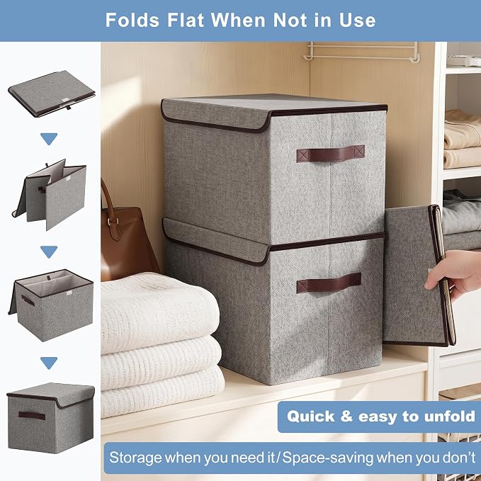 Large 17" 42 Quarts Collapsible Stackable Storage Bins with Lids [3-Pack] Foldable Fabric Linen Storage Boxes Cube, Closet Organizer Baskets with Label for Home (16.7 x 12 x 12, Gray)