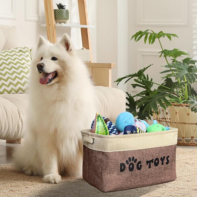 PET ARTIST Dog Toy Basket, Large Collapsible, Brown-1, M: 15"x11"x9" | Dog Toy Bin Box, Comfortable Handles, Large Pet Toy Storage Organizer, For Accessories, Toys, Coat & Clothing, Blanket Leash