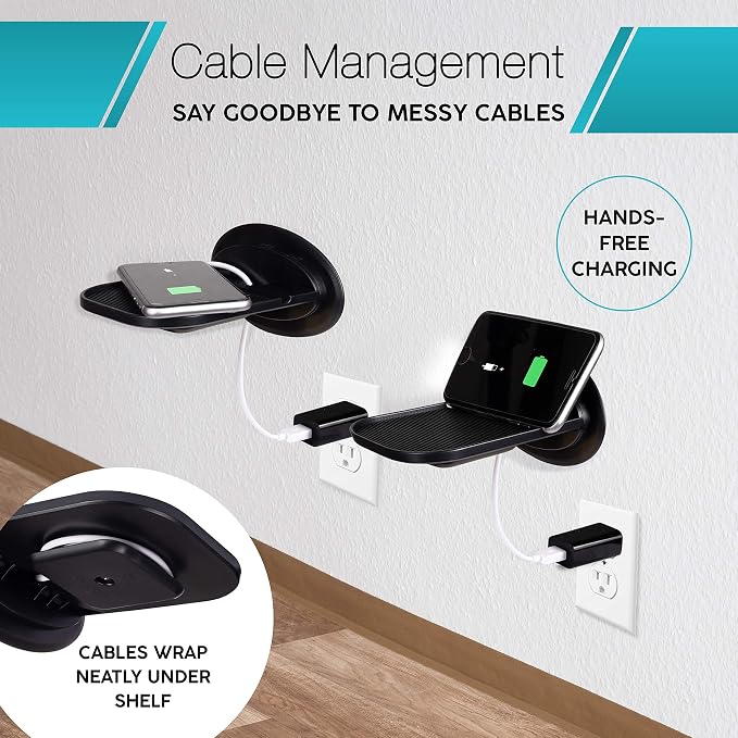 Floating Wall Shelf Holder, Charging Station for Mobile Phones, Tablets, Smart Devices - Space Saver, 2-Pack (Black)