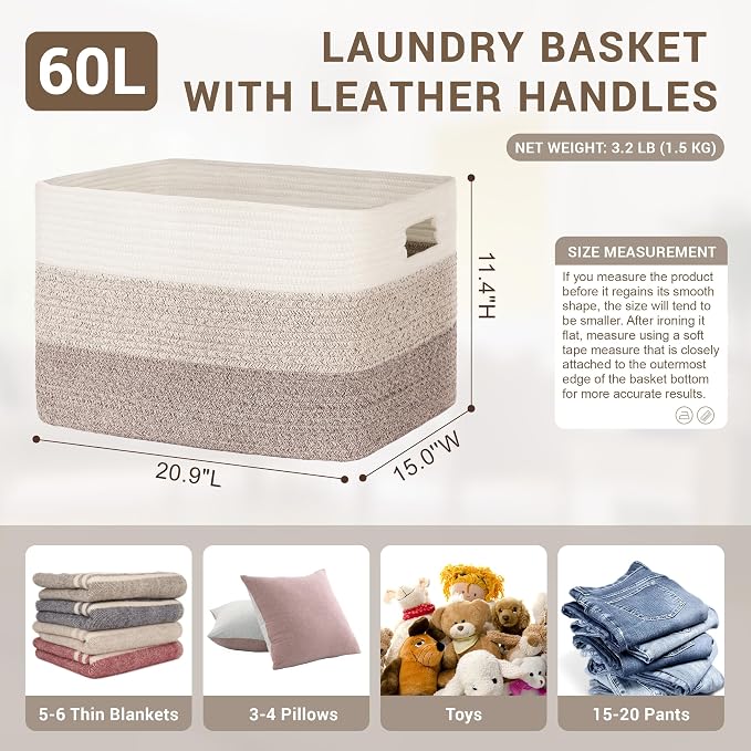 60L Woven Laundry Basket Hamper with Handles, Gradient Brown | collapsible wicker hamper, storage for dirty clothes, toys, blankets, gifts, living room, bedroom, bathroom, 21"x15"x11"