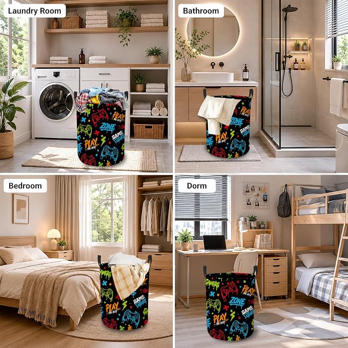 Gaming Zone Laundry Basket, Game Over Collapsible Laundry Hamper Waterproof Oxford Cloth With Handles, Clothes Storage Bucket For Bathroom/Bedroom 16" x 20.8"