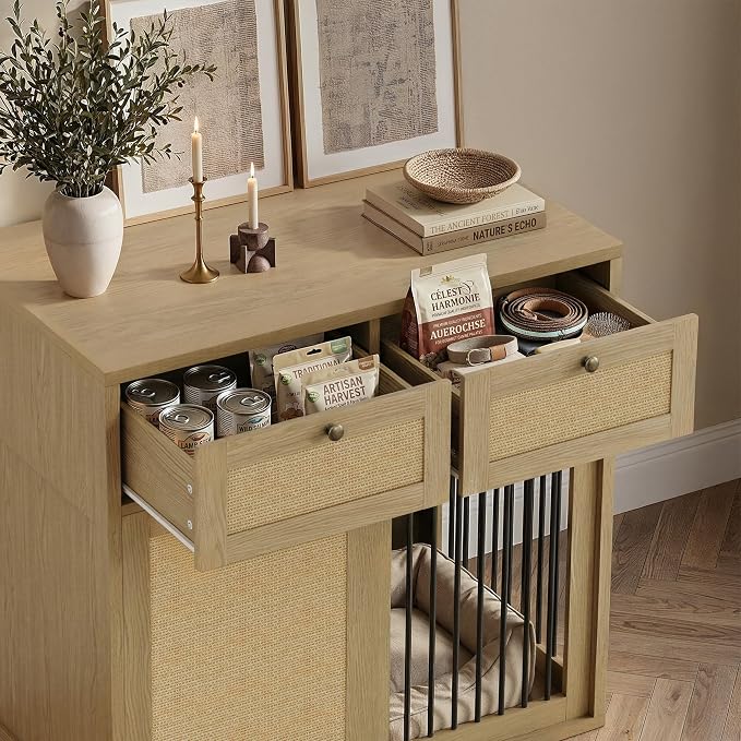 PureCozy Wooden Dog Crate Furniture, Right Unit, 40 Inch, Light Oak | Cane cabinet and metal sliding door with 2 storage drawers; furniture-style indoor kennel doubles as an end table.