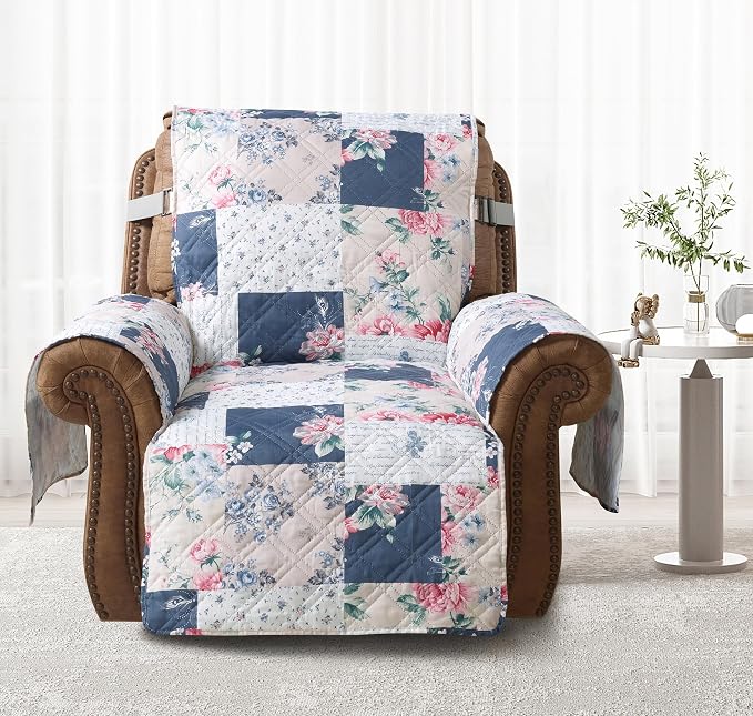 Brilliant Sunshine Vintage Blue & Pink Rose Toile Recliner Cover, 26" seat | Quilted Sofa Cover, Living Room & Bedroom Furniture Protector, Washable Reclining Chair Slipcover for Pets, Dogs & Cats