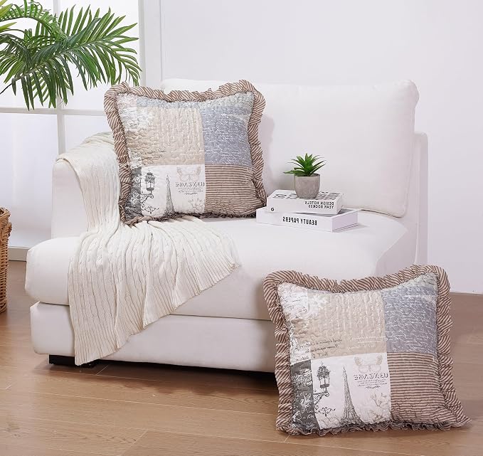 Brilliant Sunshine Latte Grey Paris & Toile Ruffle Pillowshams Set, 18"x18" | Patchwork Design with Ruffles, Quilted Pillow Covers, Washable Throw Cushion Cases for Couchs and Beds, Pack of 2