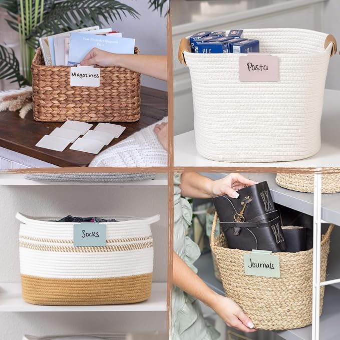 Hygge & Sage: Metal Non-Slip Basket Labels Clip On for Storage Bins, or Wire Racks | Includes 8 Labels, 8 Non-Slip Pads, and 1 Free Marker (White)