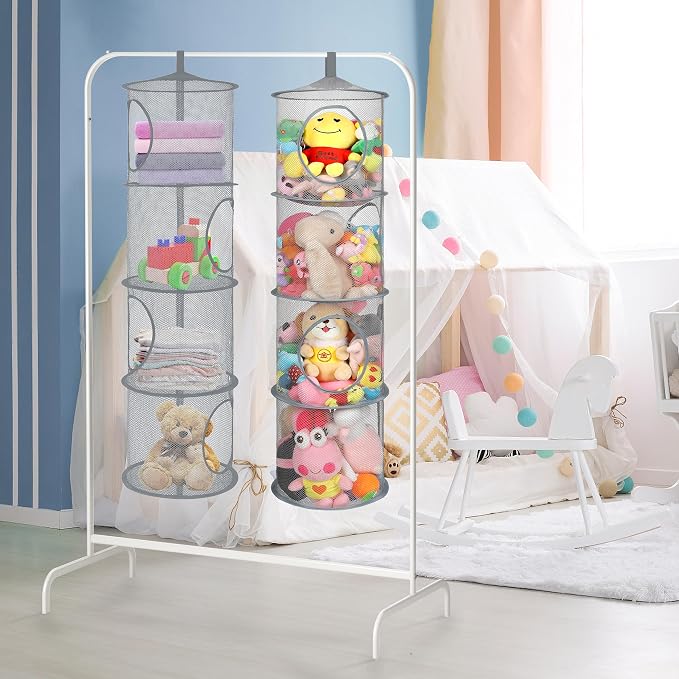 2Pcs Hanging Stuffed Animal Storage Hammock Net 4 Tiers, Grey | Hanging Mesh Storage Organizer for Kids Room, Holds Plushies, Gloves, Hats, Socks, Foldable Space-saving Design