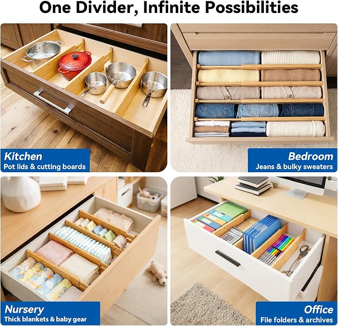 4 Pack 8" Deep Bamboo Drawer Dividers, 17-22" Expandable Kitchen Organizers | Adjustable Spring-Loaded Tension Separators with Foam Pad for Clothes, Utensils, Kitchen, Dresser, Nursery & Bathroom
