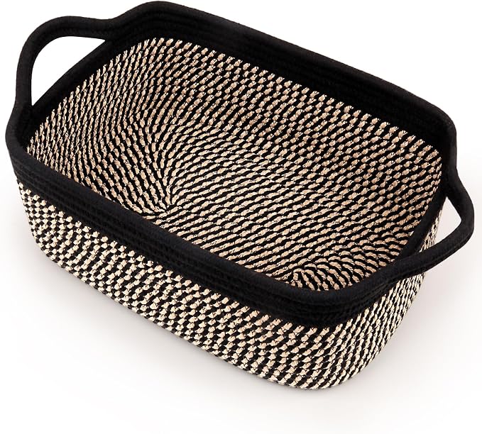 Gift Basket Empty with Handles, 12x8x5 inch - Small Woven Basket for Baby Nursery, Toys, Towels, Wedding, Birthday Gifting - With Gift Bag & Ribbon (Black Brown, 1PC)
