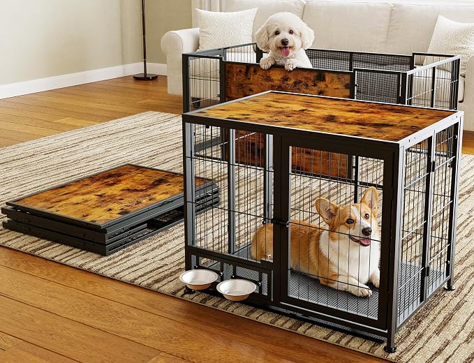 Heavy Duty Dog Crate for Medium Dogs, 3 in 1 37.8" Foldable Collapsible Dog Kennel & Playpen with Wheels & Feeding Bowls, Escape Proof Metal Dog Cage for Indoor Outdoor Use, Rustic Brown