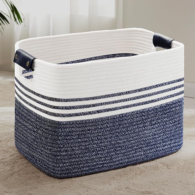 100L Woven Laundry Basket Hamper with Leather Handles,Denim Blue | collapsible wicker hamper, storage for dirty clothes, toys, blankets, gifts, living room, bedroom, bathroom, 24"x16"x16"