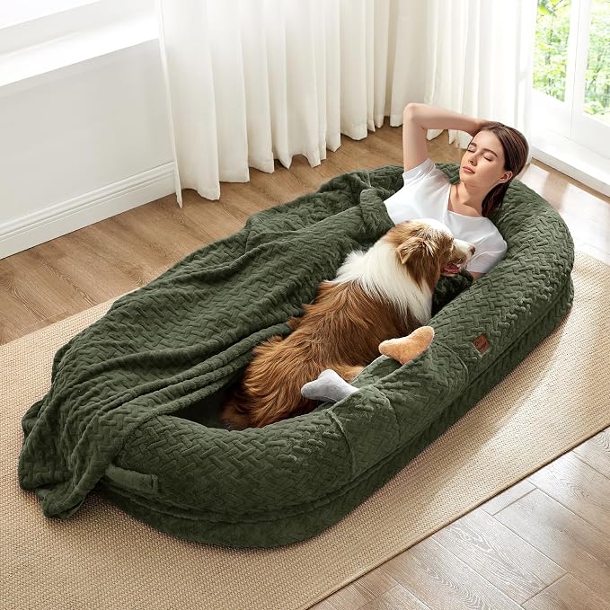 ChiXnuggle Orthopedic Human Dog Bed,with Faux Fur Washable Cover,Blanket | olive green,72*40*10,giant dog bed for adult or extra large dogs,egg crate foam,non-slip bottom