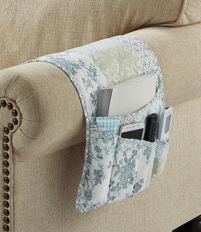 Brilliant Sunshine Blue & Beige Floral Couch Armrest Cover, 35"×13" | Washable Magazine Holder, Armrest Organizer & Caddy on Sofa, Recliner, Armchair, Storage for Remote Controls, Phone, iPad