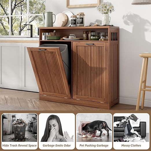 Pet-Proof Double 13 Gallon Tilt Out Trash Can Cabinet with Open Storage – Hide Garbage & Recycling Bins to Keep Your Kitchen Clean and Organized,Walnut