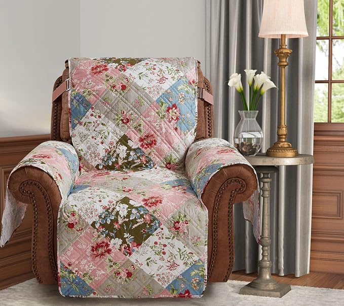 Brilliant Sunshine Peach & Olive Flowers Couch Recliner Cover, 26" seat | Quilted Sofa Cover, Living Room & Bedroom Furniture Protector, Washable Reclining Chair Slipcover for Pets, Dogs & Cats
