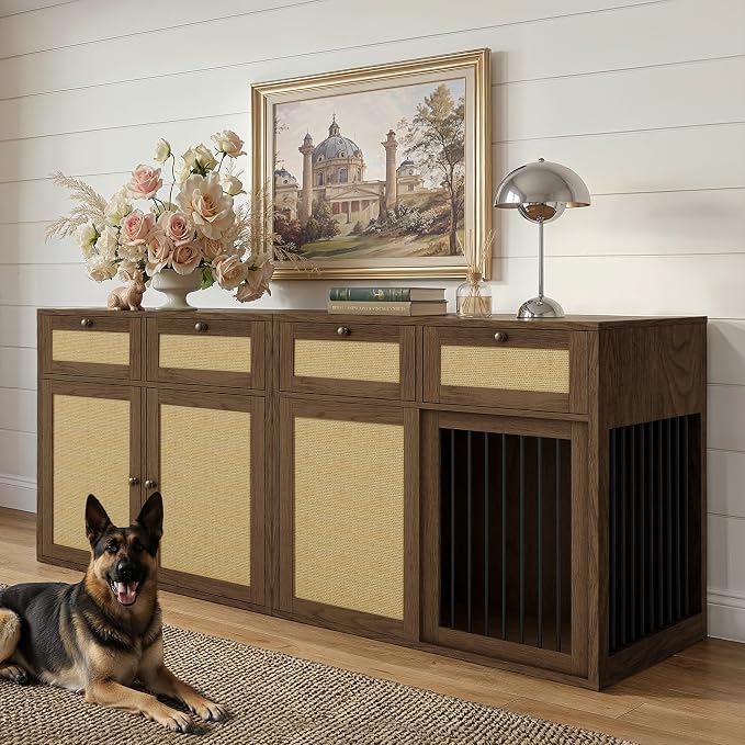 PureCozy 2-Piece Dog Crate Furniture, Right, 80 Inch, Dark Oak | Right-unit kennel with metal sliding door plus cane storage cabinet and 4 total drawers; furniture-style indoor console.