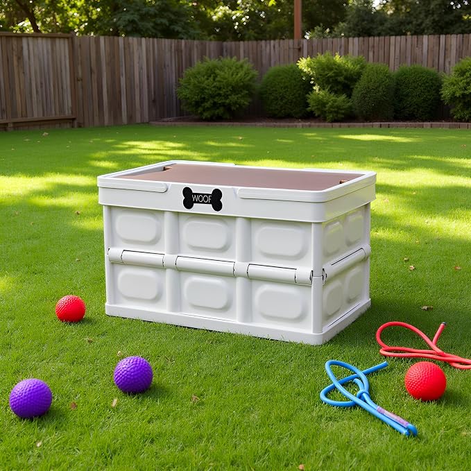 Morezi Outdoor dog toy bin chew proof box storage in plastic foldable designed dog stuff organizer great for pet food organizing toys leashes clothing in outside cream