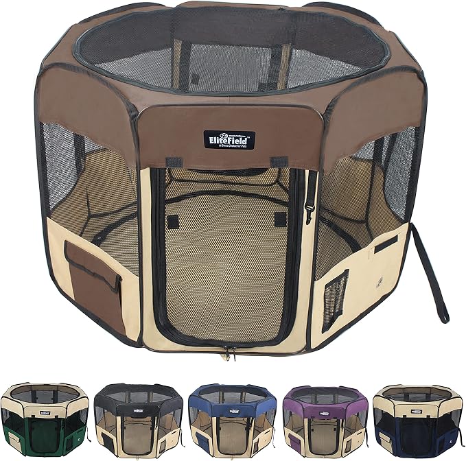 EliteField 2-Door Soft Pet Playpen for Dogs and Cats (2-Year Warranty) | 600D Fabric, Washable Floor Mat & Top Cover, Indoor/Outdoor, Carrying Bag, Ground Stakes, Zipper Locks