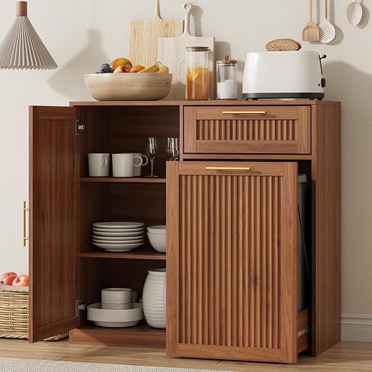 13 Gallons Pull Out Trash Can Cabinet with Storage, Fluted Pet Proof Trash | Kitchen Trash Cabinet with Adjustable Shelf & Drawer, Hidden Garbage Can Cabinet for for Laundry, Living Room