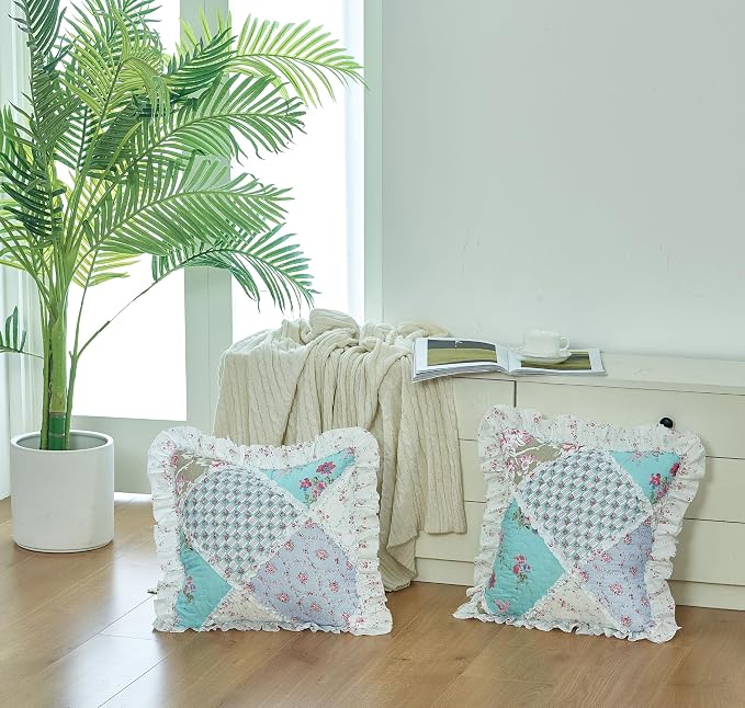 Brilliant Sunshine Blue & Green Roses Ruffle Pillowshams Set, 18"x18" | Patchwork Design with Ruffles, Quilted Pillow Covers, Washable Throw Cushion Cases for Couchs and Beds, Pack of 2