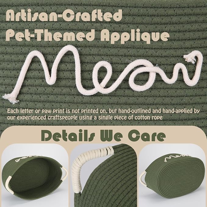 Sea Team Cat Toy Storage Basket with Handles, Green Meow | Large Cotton Rope Storage Bin, Shelf Basket, Organizer for Pet Chew Toys, Foods, 16.5 x 11 x 7 Inches, 4.4 Gallons