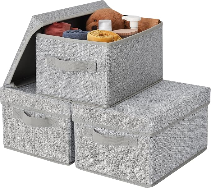 GRANNY SAYS Storage Bins with Lids, Decorative Storage Boxes with Lids | Storage Box with Dust Cover, Handles & Lable, Collapsible, Ideal for Closet Clothes Blanket Toys, Small, Ash Gray, 3-Pack