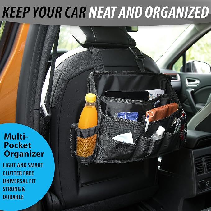 ZONETECH Multi-Pocket Organizer - Classic Black Durable Rugged Pack Cloth Premium Quality compact Car Seat Driver Headrest Organizer