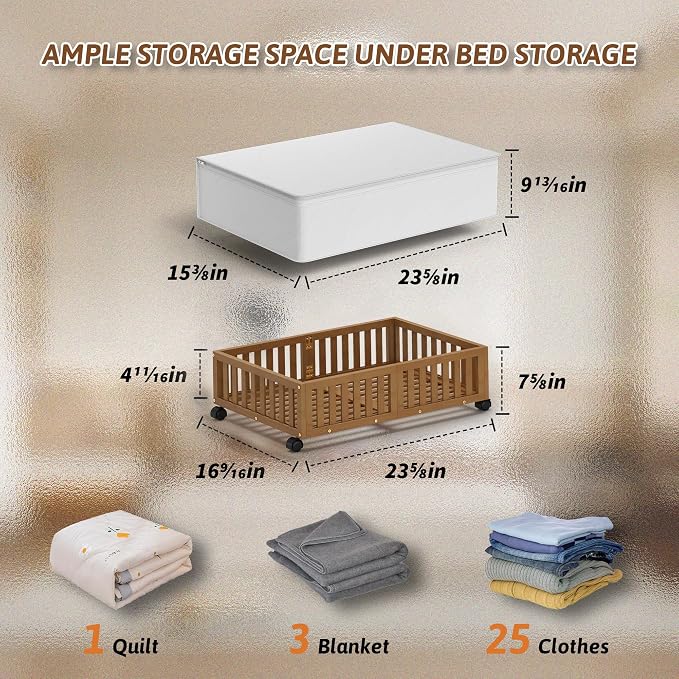 MHXW SXPN 2 Pack Bamboo Under Bed Storage Containers with Wheels, Brown | Underbed Drawer Storage with Bag, Wood Rolling Underbed Organizer for Shoes, Sheets Clothes Blanket Comforter, Under Crib Toy