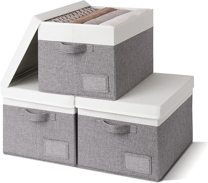 GRANNY SAYS Storage Bins with Lids, Decorative Storage Boxes with Lids | Storage Box with Dust Cover, Handles & Lable, Collapsible, Ideal for Closet Clothes Blanket Toys, Large, White&Gray, 3-Pack