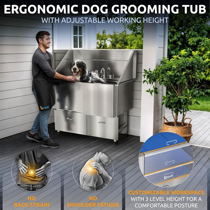 Professional Dog Washing Station 304 Stainless Steel Pet Wash Sink | Grooming Bathtub w/Shower, Floor Grates and Storage for Large, Medium & Small Pets