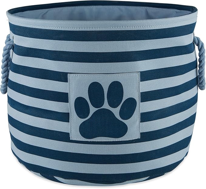Bone Dry Pet Storage Collection Striped Paw Patch Bin, Dark Navy, Small Round