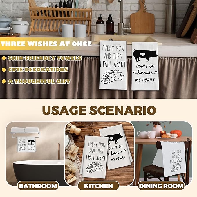 Kitchen Towels Set of 2, Tacos and Pig Dish Towel for Kitchen, Decorative Hand Towels for Bathroom, Fast Drying Tea Towel with Funny Sayings, Housewarming Xmas Gifts for Women Mom -B13