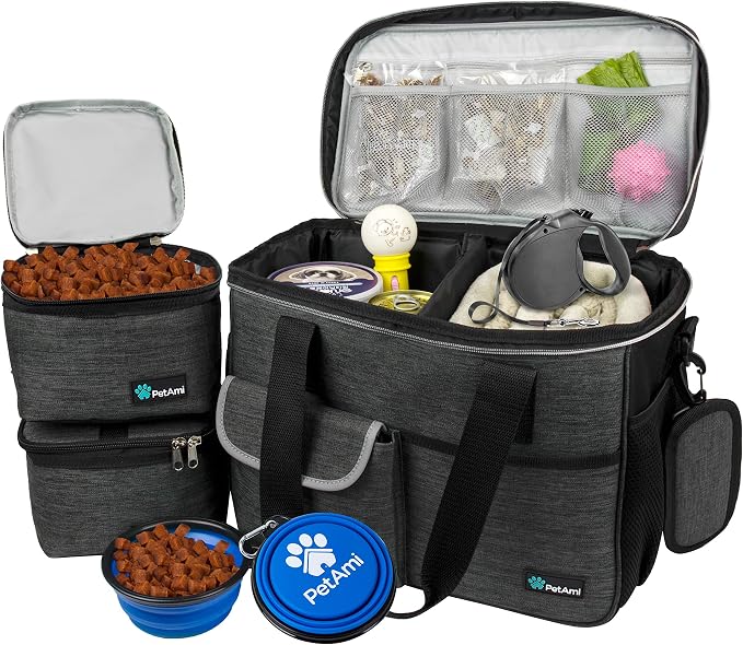 PetAmi Dog Travel Bag Organizer, Pet Supplies Diaper Tote, Dark Gray Medium | Pet Travel Kit with 2 Food Containers & 2 Collapsible Dog Bowls, Luggage Sleeve, Weekend Getaway Road Trip Camping Essentials