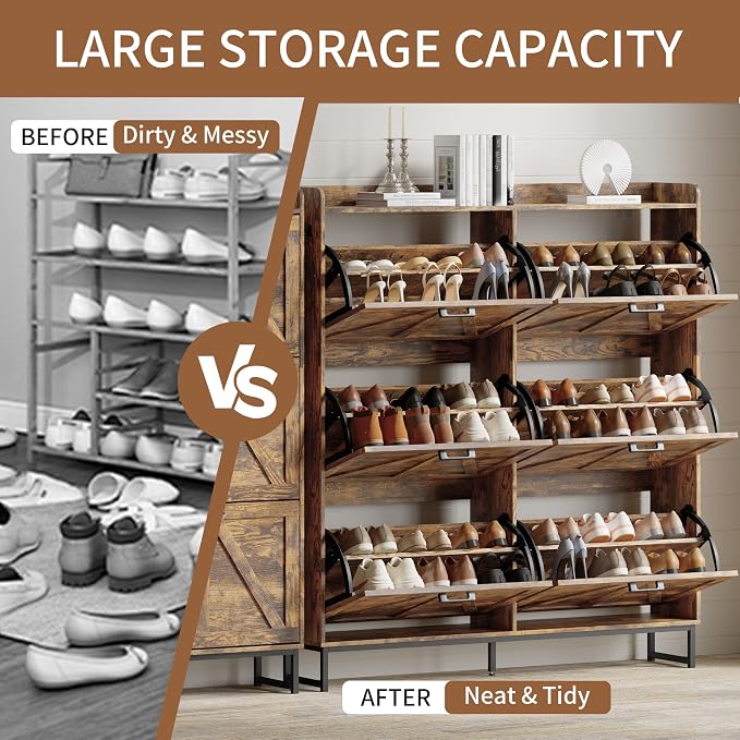 Xixini Shoe Storage Cabinet with 6 Flip Drawers, Entryway Shoe Rack, Brown | Freestanding Narrow Shoe Storage, Hidden Slim Wood Shoe Organizer, Modern Farmhouse, Open Storage & Hooks for Closet, Hallway