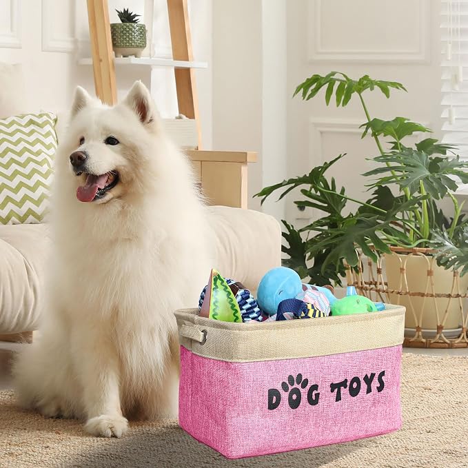 PET ARTIST Dog Toy Basket, Large Collapsible, Pink, M: 15"x11"x9" | Dog Toy Bin Box, Comfortable Handles, Large Pet Toy Storage Organizer, For Accessories, Toys, Coat & Clothing, Blanket Leash