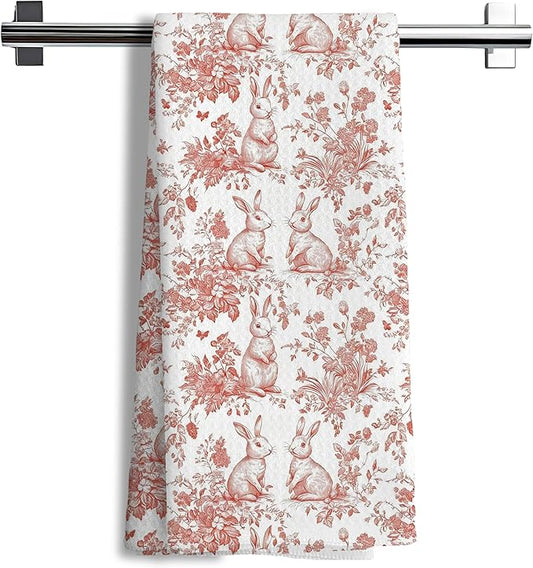 Pink Chinoiserie Rabbit Kitchen Towels,Farm Rabbit Gift Decorative Hand Towels,Pink Grandmillennial Botanical Animal Print Floral Dish Tea Towels Decor for Kitchen Bathroom, 16x24 Inch