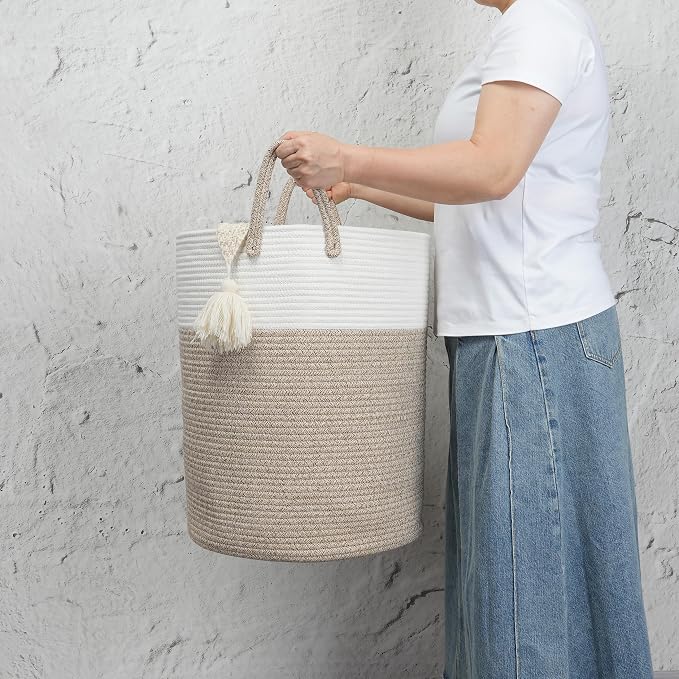 Woven Cotton Rope Laundry Basket, 15x20 Laundry Hamper, White/Brown | Rope storage basket for dirty clothes, toys and blankets. Perfect for bathroom, baby nursery and living room storage.