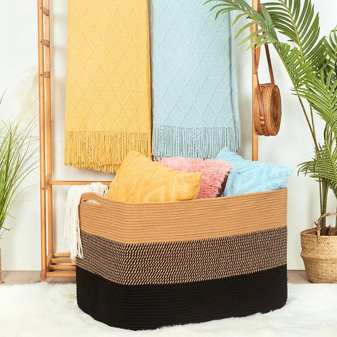 112L Extra Large Blanket Basket Holder Living Room, 25"x17"x16" Rectangle Rope Woven Storage Basket with Handles for Laundry, Pool Towels, Shoes, Dog Toy Organizer Bin Box, Black Jute