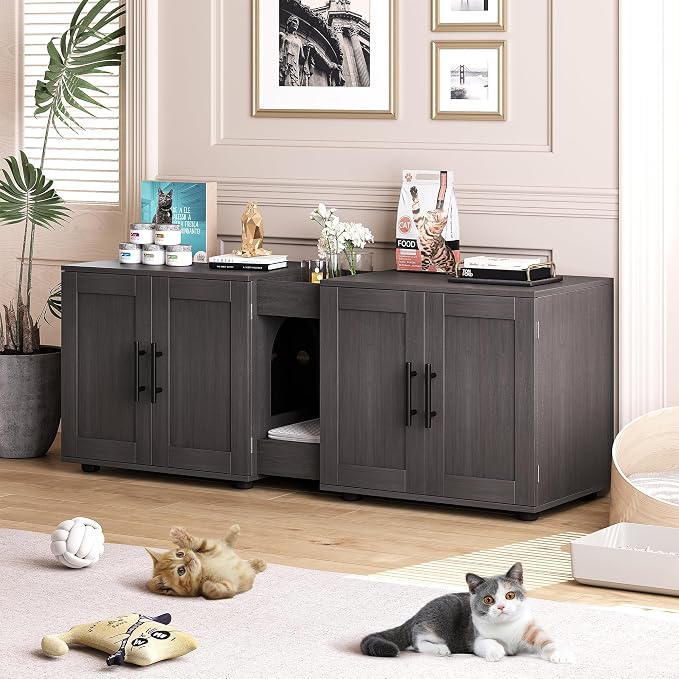 55" Cat Litter Box Enclosure Furniture, Wooden Hidden Litter Box Cabinet with Barn Door & Double Rooms, 3 in 1 Large Cat Litter Cabinet Pet Furniture for Living Room & Bedroom