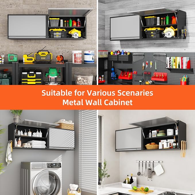 Garage Wall Cabinet, 19.7" H Metal Wall Cabinet with Up-Flip Door | Wall Mounted Metal Storage Cabinet, Upper Cabinet for Kitchen,Garage,Workshop,Warehouse, Assembly Required, Gray