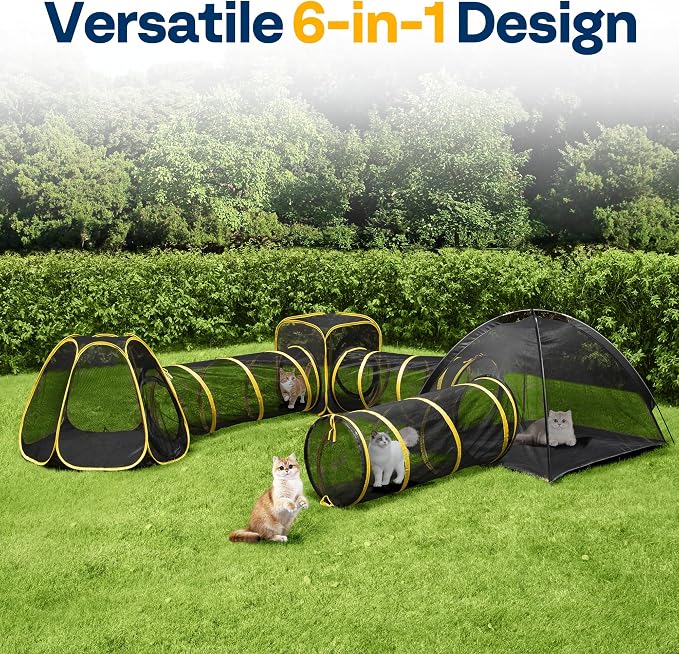 VIVOHOME 6-in-1 Outdoor Cat Enclosure with Playhouse, 2 Tents & 3 Tunnels | Portable Cat Playground with Leash and Mint Ball, Cat Tunnels with Tent Cube for Kitty Small Animals Camping Indoor Outdoor