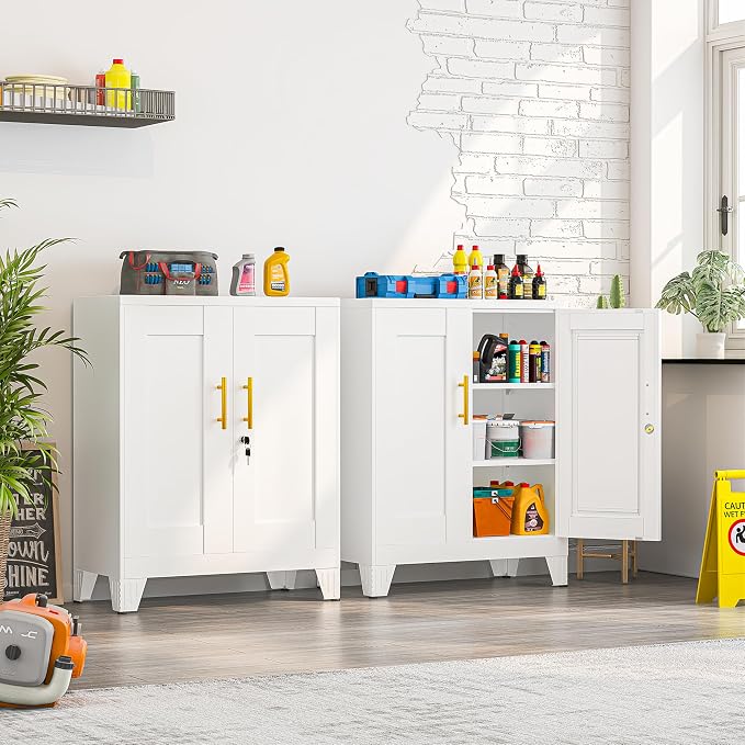 Small Metal Storage Cabinet, Lockable Tool Cabinet with Doors and 2 Shelves | 2 Adjustable Shelves, Locking Doors, Magnetic Closure, Adjustable Feet, Cold-Rolled Steel, Compact 27.5-Inch Width