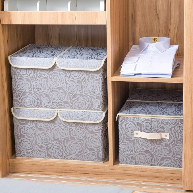 Large Foldable Storage Bins with Lids Fabric Decorative Storage Box Cubes Organizer Containers Baskets with Cover Handles Removable Divider for Home Bedroom Closet 17.3x11.8x9.8 Inch 3 Pack