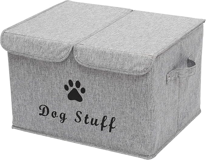 Large Storage Boxes - Large Linen Fabric Foldable Storage Cubes Bin Box Containers with Lid and Handles for Dog Apparel & Accessories, Dog Toys(Snow Grey)