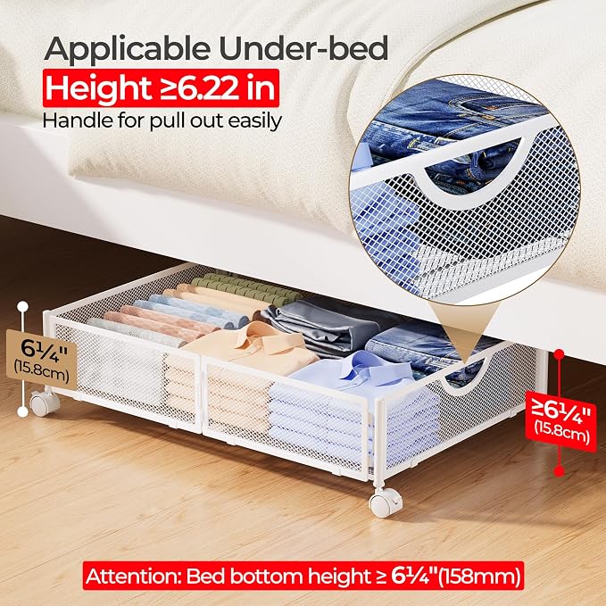 Yecaye Under Bed Storage with Wheels, 2 Pack Under Bed Shoe Storage, White | Sturdy All-Metal Frame, Foldable, 360° Rolling Wheels, Tool-free Assembly, Underbed Storage Drawers for Shoes, Toys, Clothes