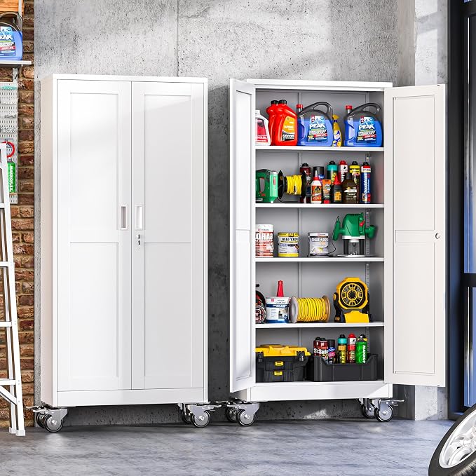 71-Inch Metal Garage Storage Cabinet with Wheels, Locking Doors and Shelves | 4 Adjustable Shelves, Locking Doors, Magnetic Closure, 360° Casters, Anti-Tip Kit, Cold-Rolled Steel