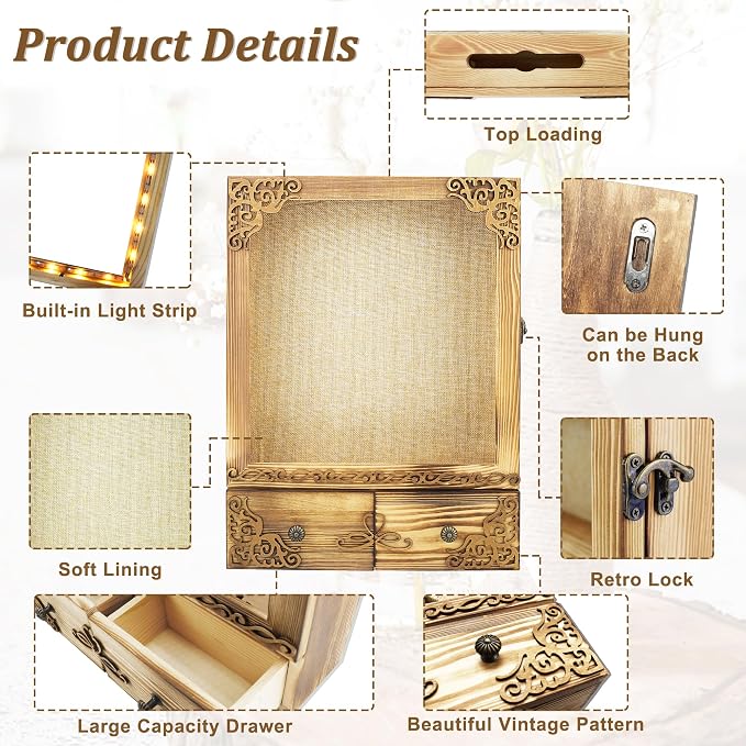 11x16 Shadow Box Frame with Light, Wedding Memorial Display Case with Shelves, Drawer and Slot for Keepsakes Large Deep Shadow Box for Flowers,Wedding Gift, Rustic Wood