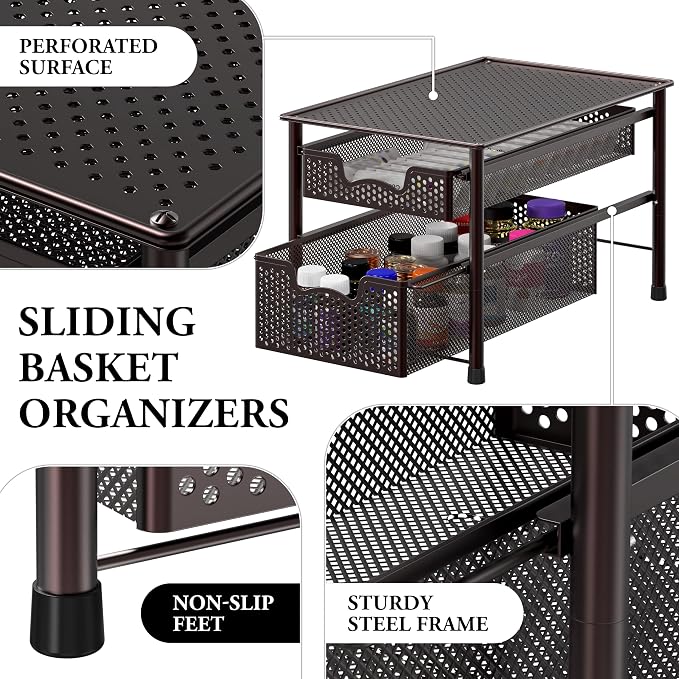 Simple Houseware Stackable 2 Tier Sliding Basket Organizer Drawer, Bronze